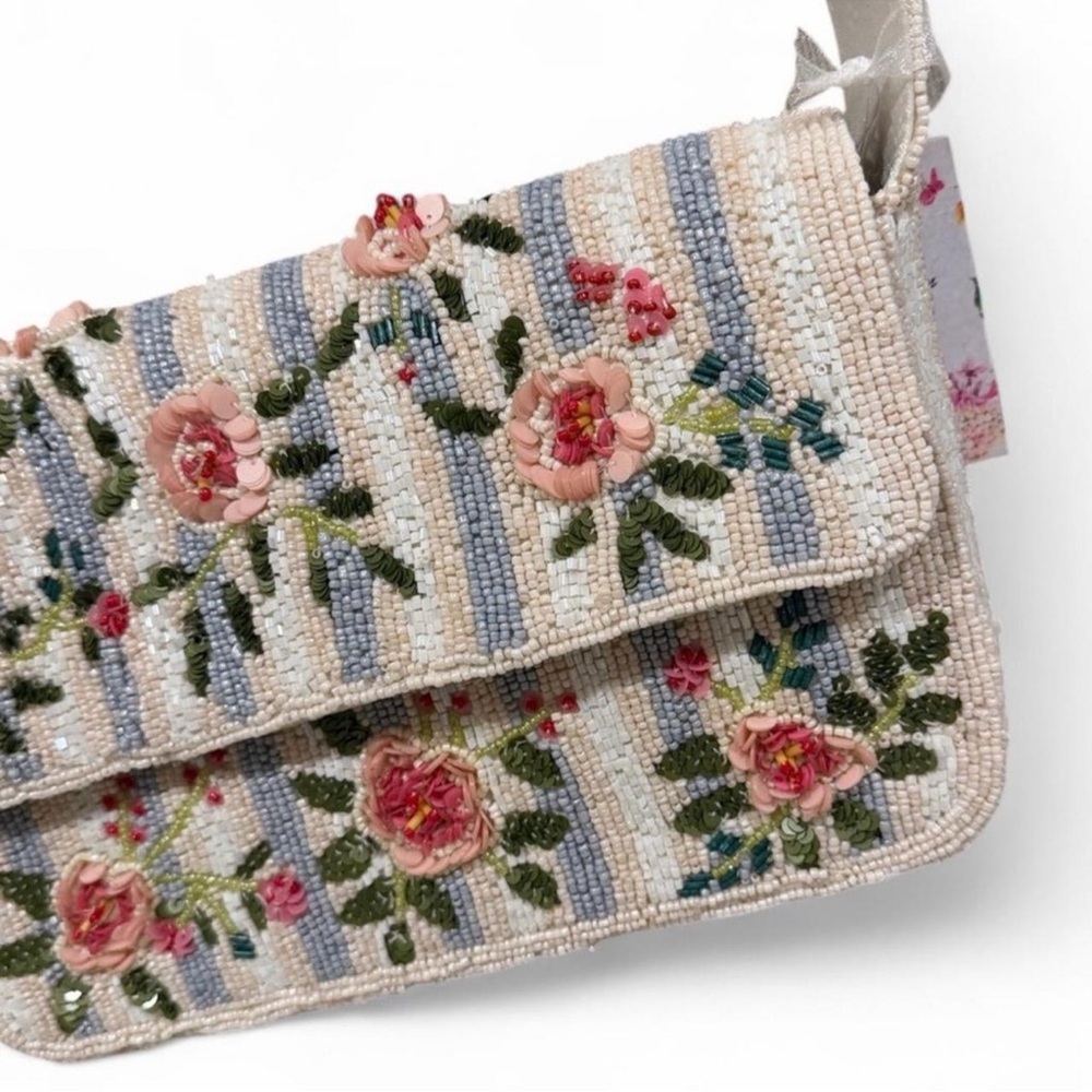 Viral Rose Flower Striped Beaded Bag NWT - Picture 4 of 8